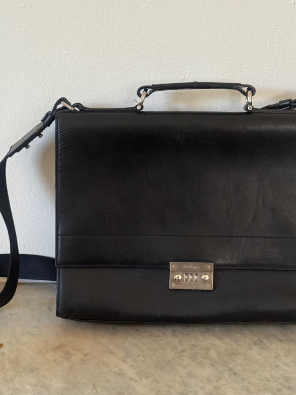 Salvatore Ferragamo Black Leather Briefcase Attache Laptop Business Bag